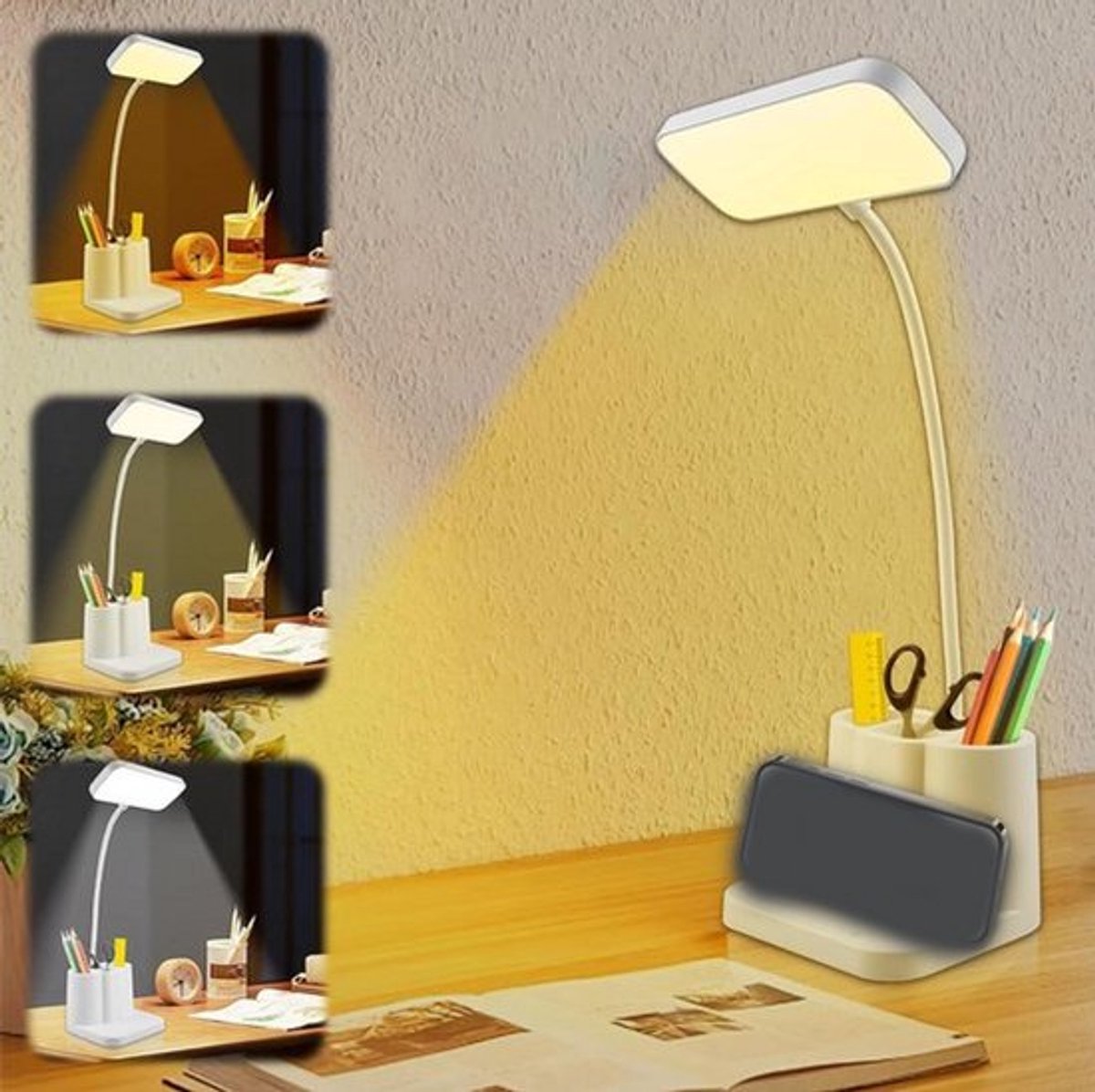 Bureaulamp voor kinderen - Leeslamp met penhouder en telefoonhouder - 3 kleuren touch-functie - Traploos dimbaar - Zwanenhals lamp voor woonkamer en kantoor