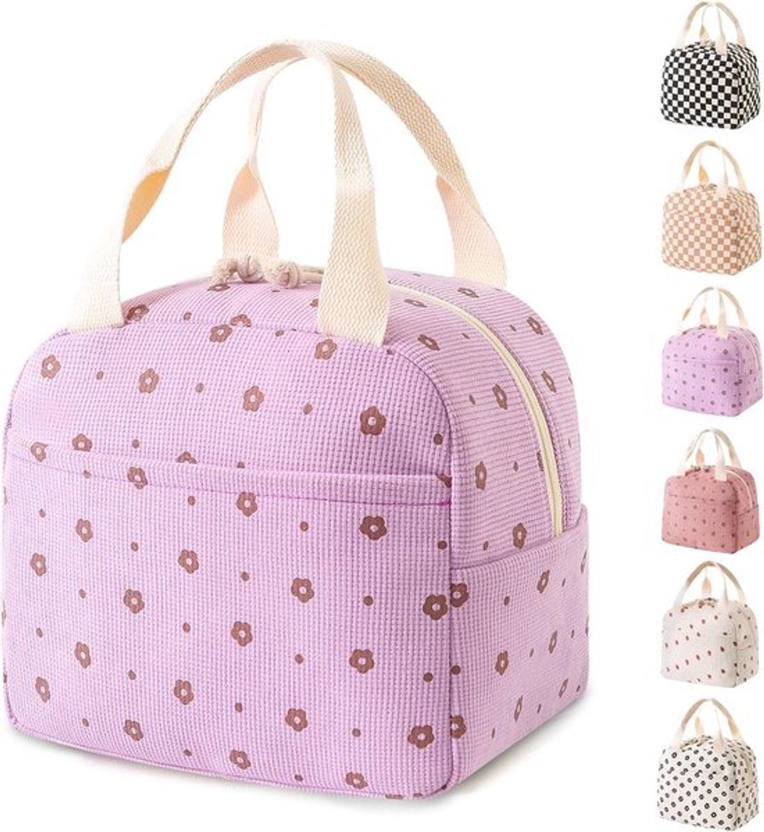 Leuke lunchtas - Unisex - Corduroy materiaal - Herbruikbaar - Lunchtas - Geïsoleerde lunchtas met grote capaciteit - Koelbox - Geschikt voor werk, reizen, picknicks en buitenactiviteiten - Paars bloemenpatroon