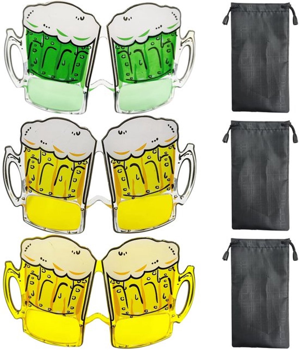 3 stuks bierpotjes met 3 stuks brillendoekjes, grappige zonnebril, bierzonnebril, Hawaiiaanse feestglazen, bierdecoraties