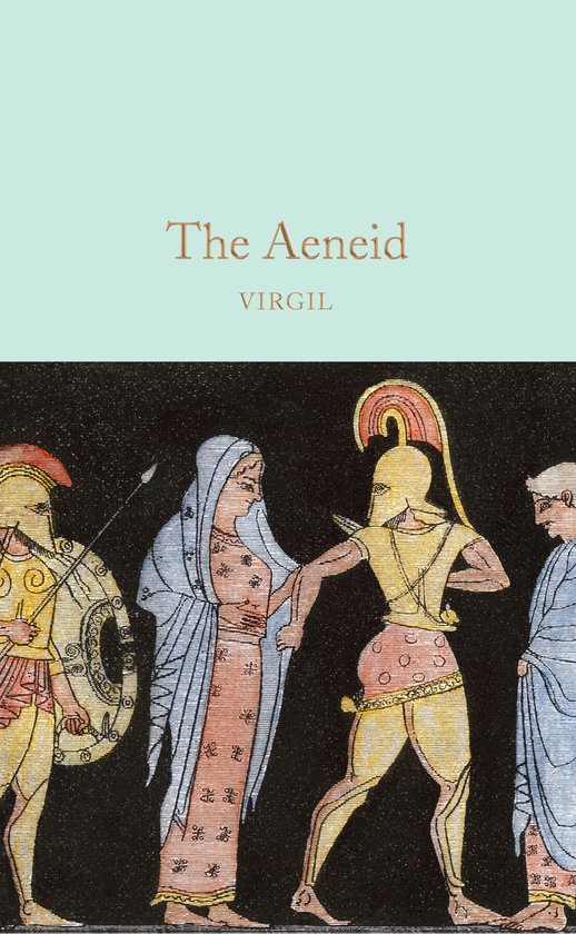 La couverture de 'The Aeneid' de Virgil présente une illustration grecque classique en rouge, jaune et bleu sur fond noir. Le titre est en lettres dorées en haut.