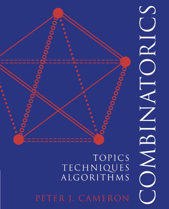 Combinatoriek, onderwerpen, technieken, algoritmen, Peter J. Cameron. Rode lijnen op een blauwe achtergrond met een geometrisch patroon.