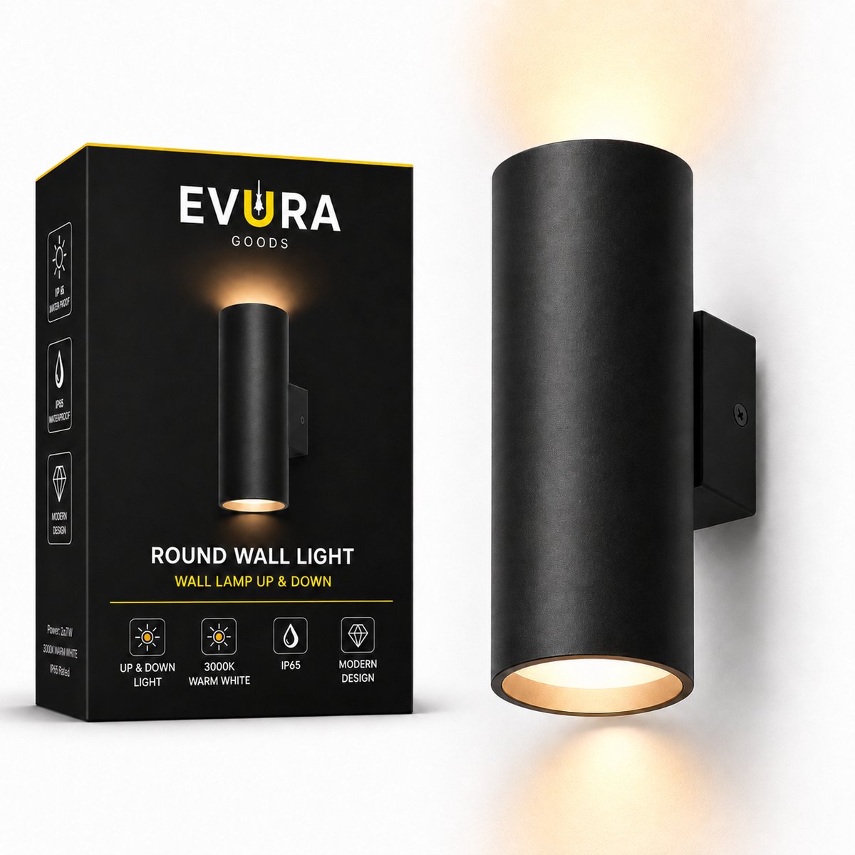 Evura Goods - Ronde Wandlamp Buiten - Zwart - Up Downlight - IP65 - Wit Licht