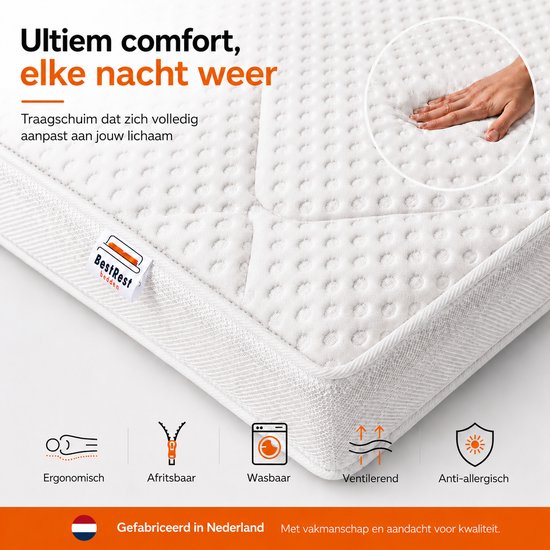 Matelas confortable avec une housse textile et une empreinte montrant la douceur de la mousse à mémoire de forme. Icônes pour ergonomique, amovible, lavable, respirant et hypoallergénique.