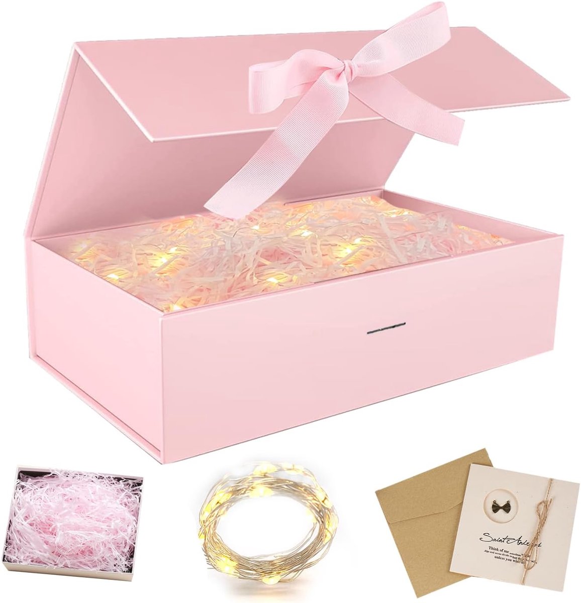 SnelShoppen - Luxe Cadeau Doos met Deksel, Vouwbare Magnetische Cadeauverpakking, Inclusief LED Lichten, Groetekaarten en Raffia Houtvezels voor Verja