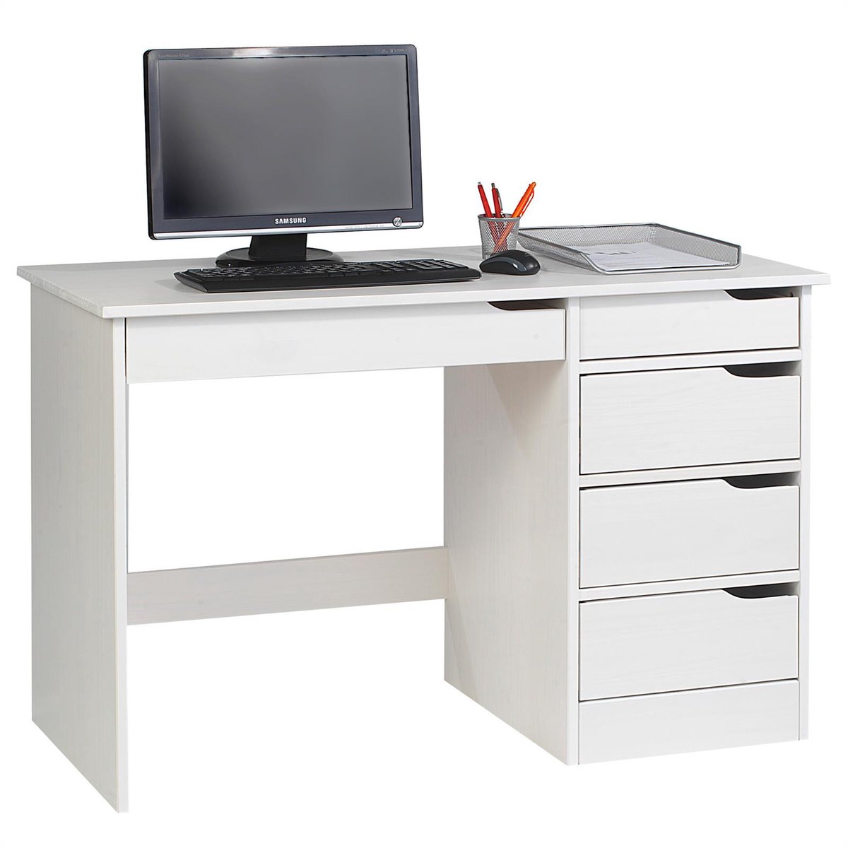 HUGO-bureau van massief hout met 5 lades - Wit