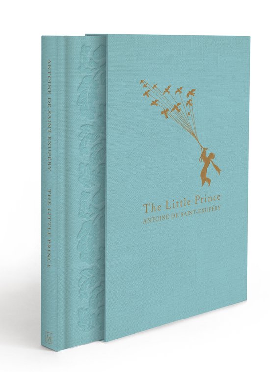 Livre turquoise avec l'inscription 'The Little Prince' et un garçon tenant des oiseaux. Le dos du livre indique 'THE LITTLE PRINCE ANTOINE DE SAINT-EXUPERY'.