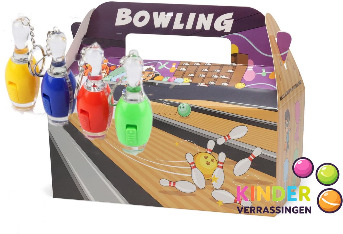 12 x menubox smulbox traktatiedoosje thema BOWLING inclusief 12 x bowling sleutelhanger - Keychain met lampje with light - uitdeelcadeautje traktatie kinderfeestje speelgoed