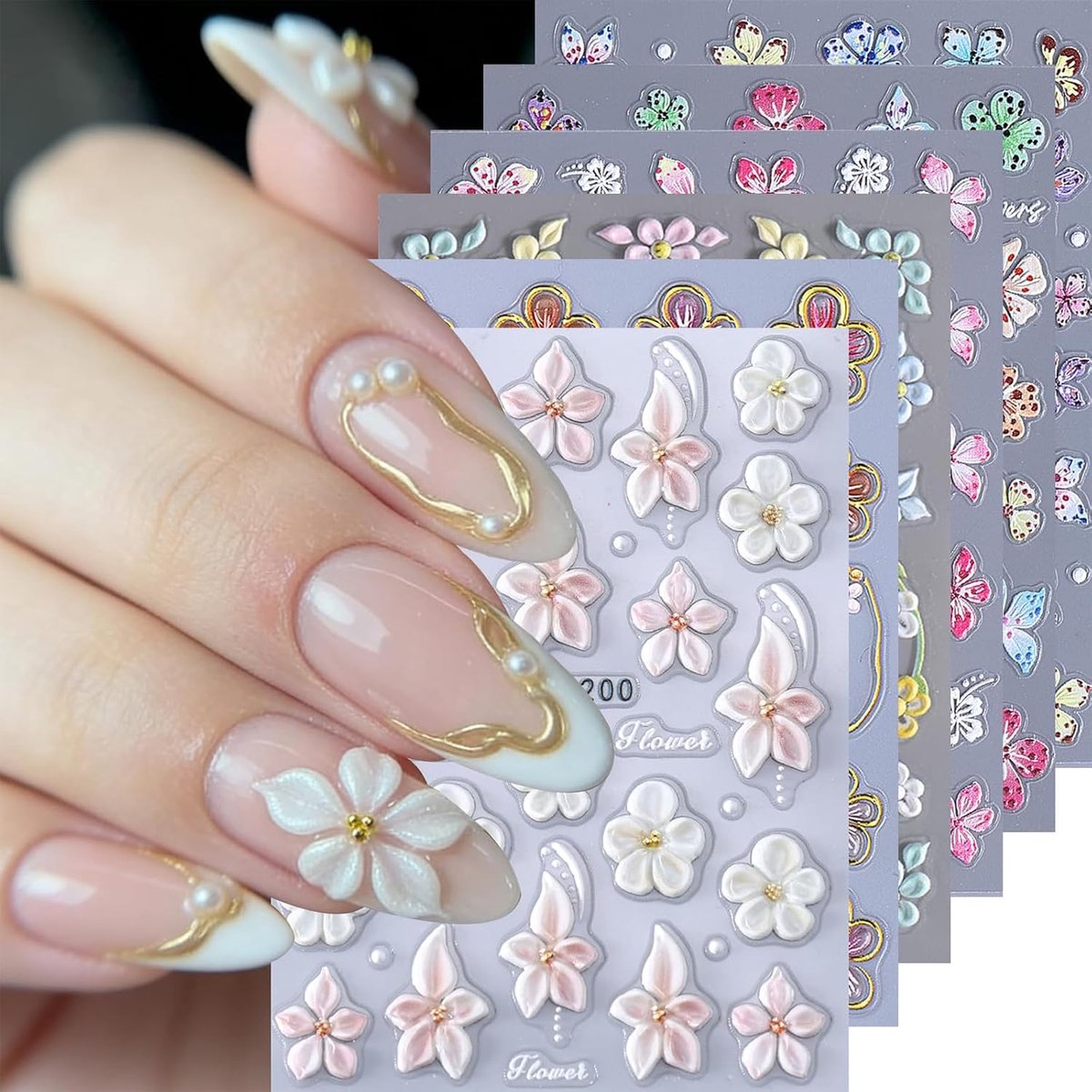 SnelShoppen - Blumen Nagelstickers Set van 6 - 5D Gegraveerde Hibiscus Nagelstickers - Zelfklevende Witte Roze Hawaiiaanse Bloem - Decoratie voor Nage