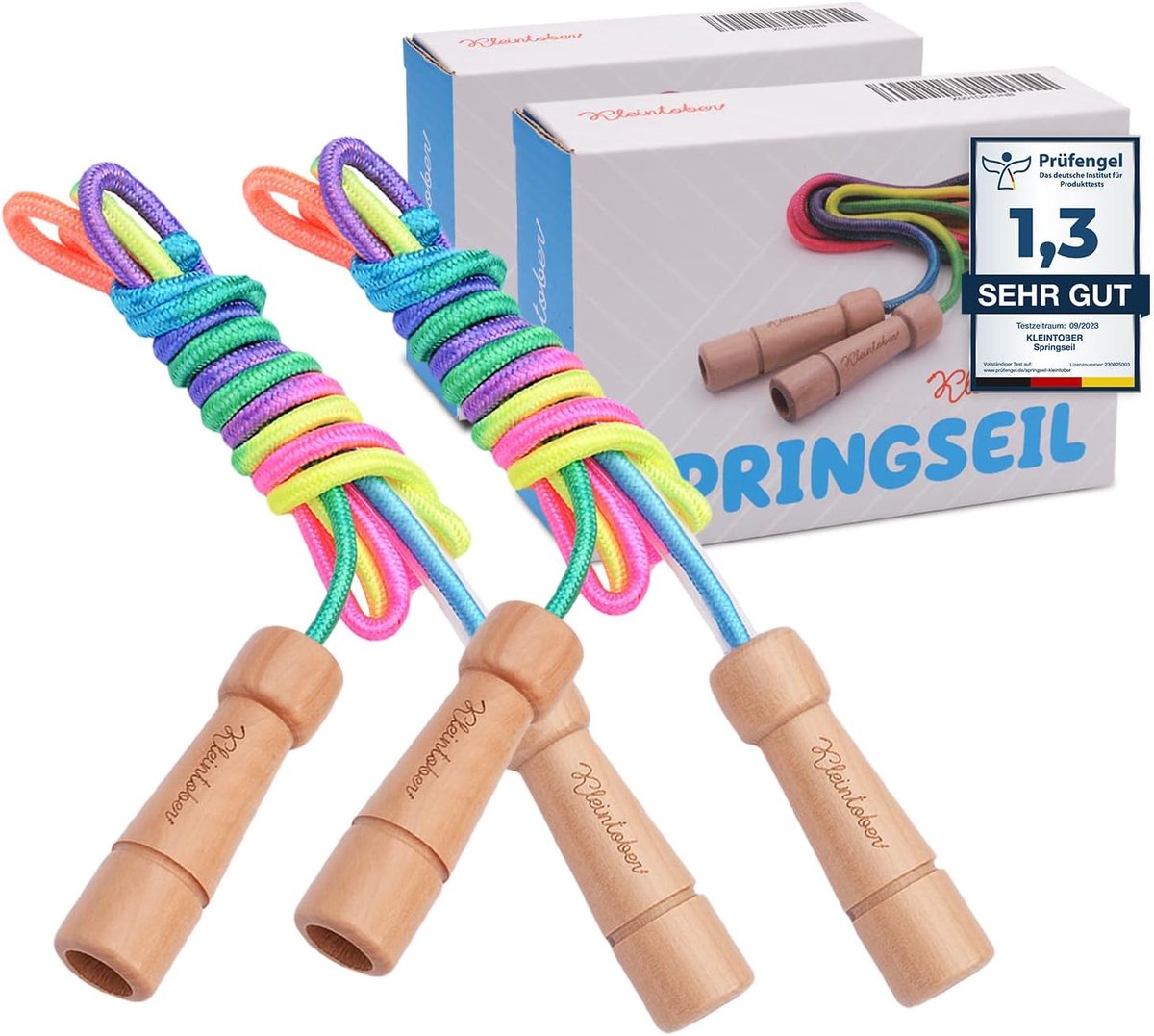 SnelShoppen - Set van 2 Kinderspringtouwen, Verstelbaar 220 cm, Inclusief Oefenhandleiding en Motivatiecertificaat, Regenboogkleur, Ideaal voor Buiten