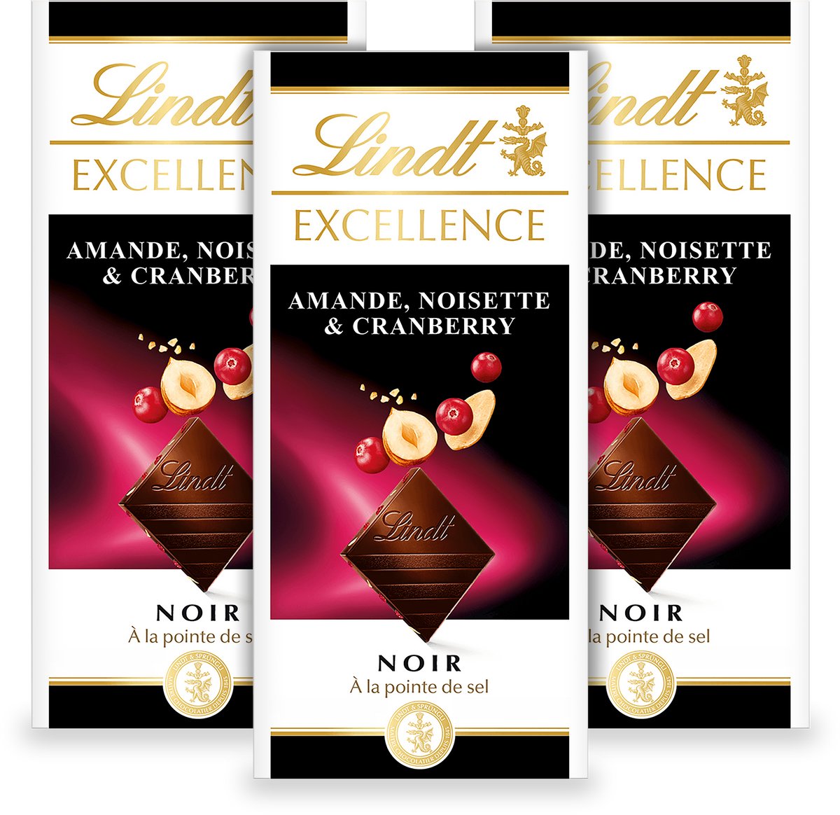 Lindt EXCELLENCE Chocolade Reep Puur - Cranberry Hazelnoot Amandel Pure Chocolade - 100g per reep - 3-pack