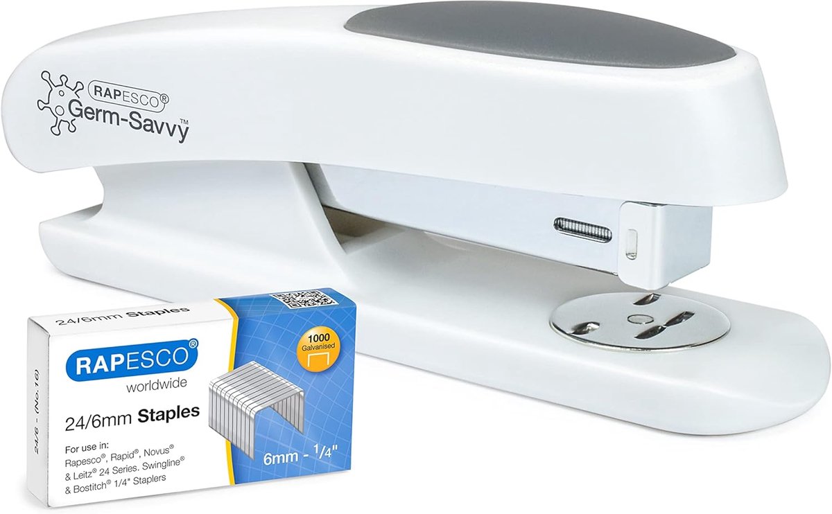 SnelShoppen - Rapesco ECO Sting Ray Nietmachine met 1000 24/6mm Nietjes, Wit | Antibacteriële Bescherming, 20 Vellen Capaciteit, Gerecycled Plastic