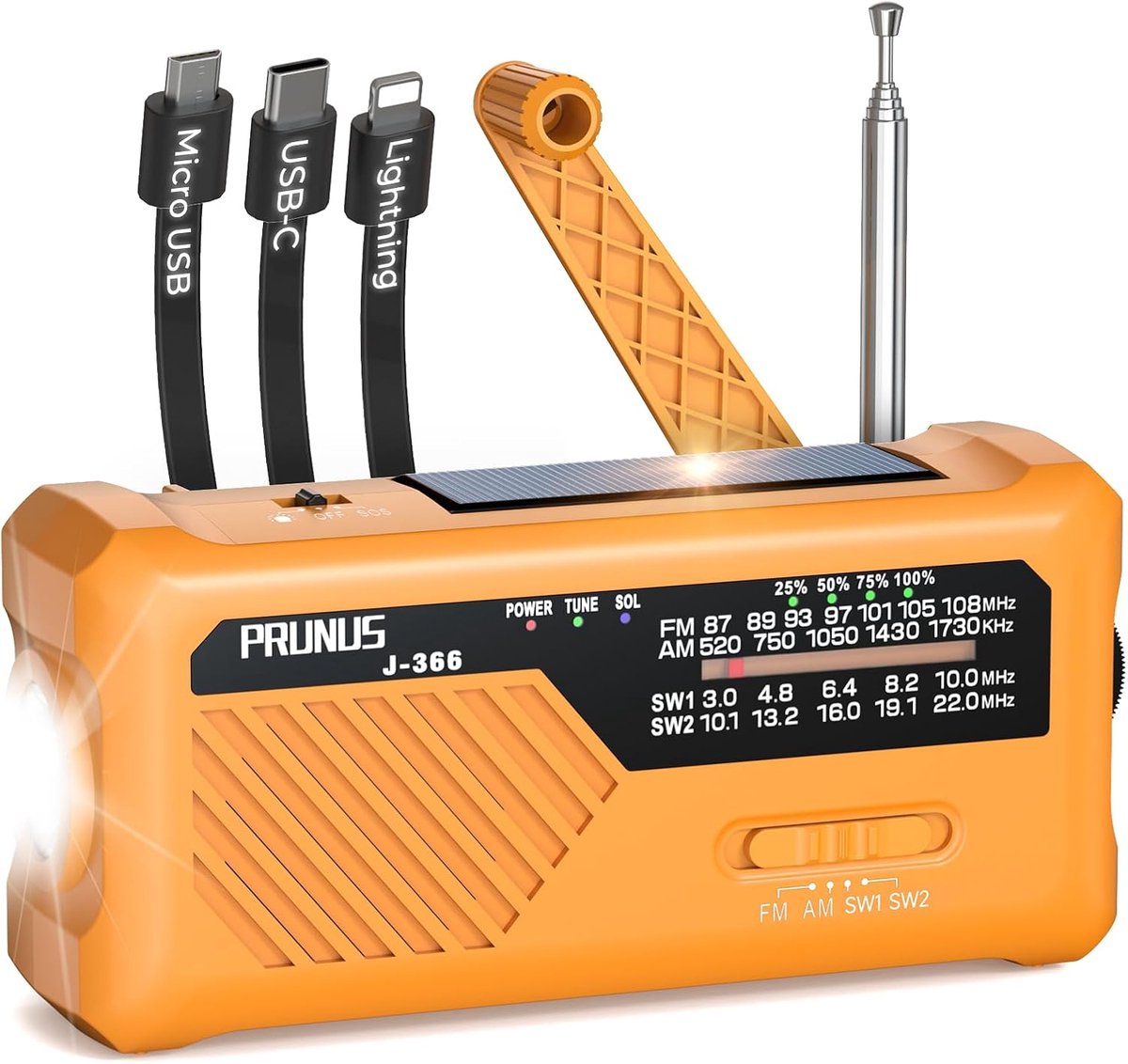 SnelShoppen - PRUNUS J-366 Draagbare Noodradio met Accu, Handcrank, 2000mAh Oplaadbare Batterij, SOS Alarm, Zaklamp, USB-C, Zonne-energie, Camping Rad