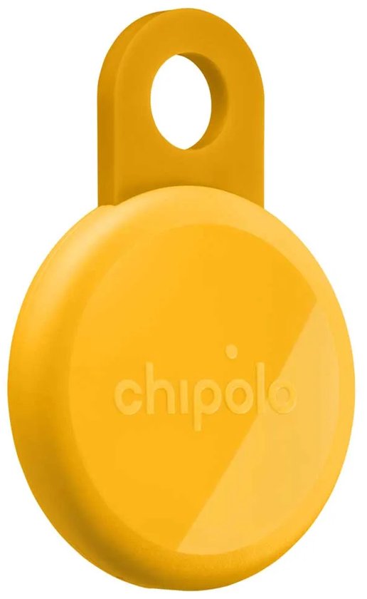 Gele Chipolo LOOP tracker met een lus, met 'chipolo' in reliëf.