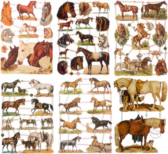 Collage avec divers chevaux : têtes, debout, montés, avec selles et accompagnés de chiens et d'humains.