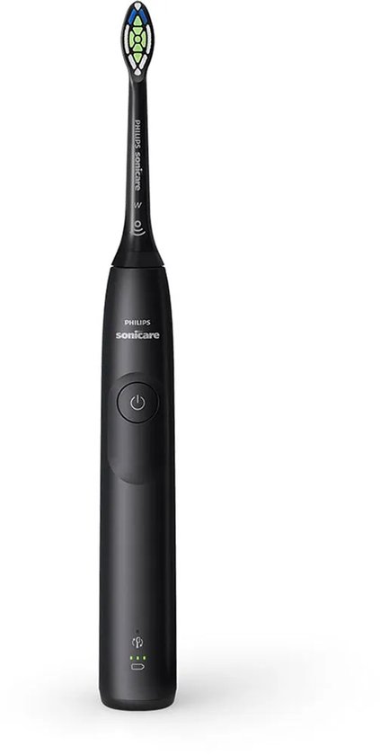 Zwarte Philips Sonicare elektrische tandenborstel met witte borstelharen en groene accenten.