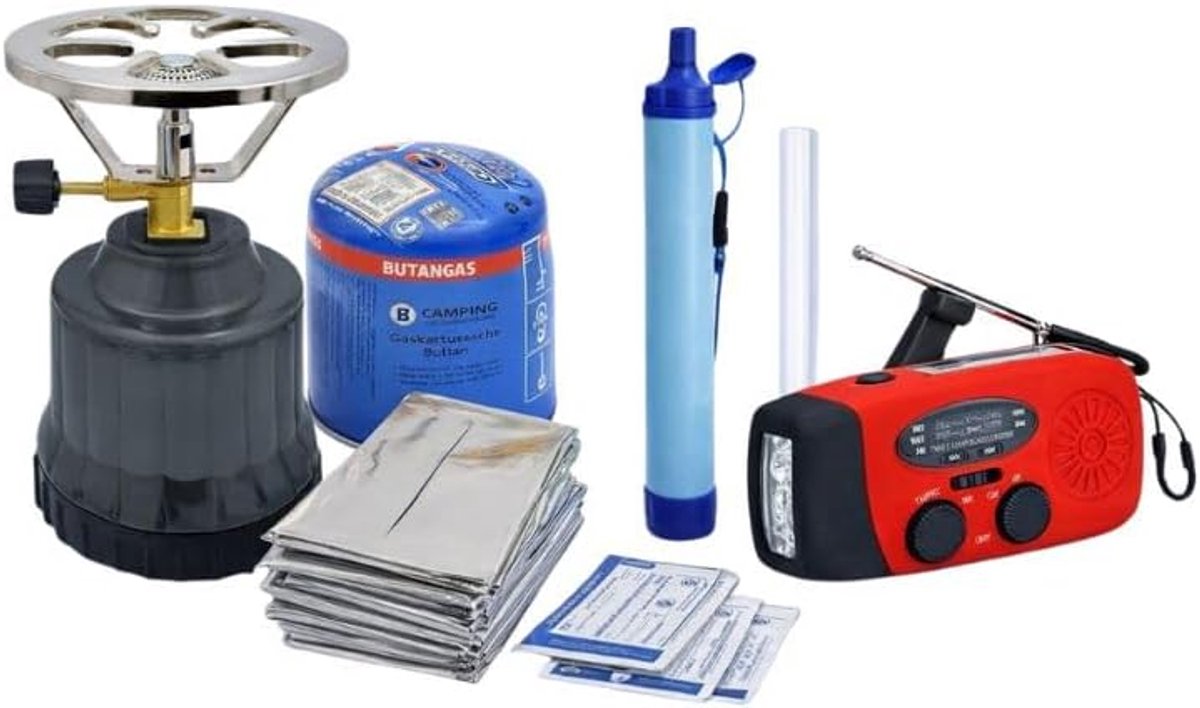 SnelShoppen - Complete Noodpakket - Noodradio, Kooktoestel + Gascartridge, Waterfilter & Warmte Dekens - Voor Stroomuitval en Noodsituaties