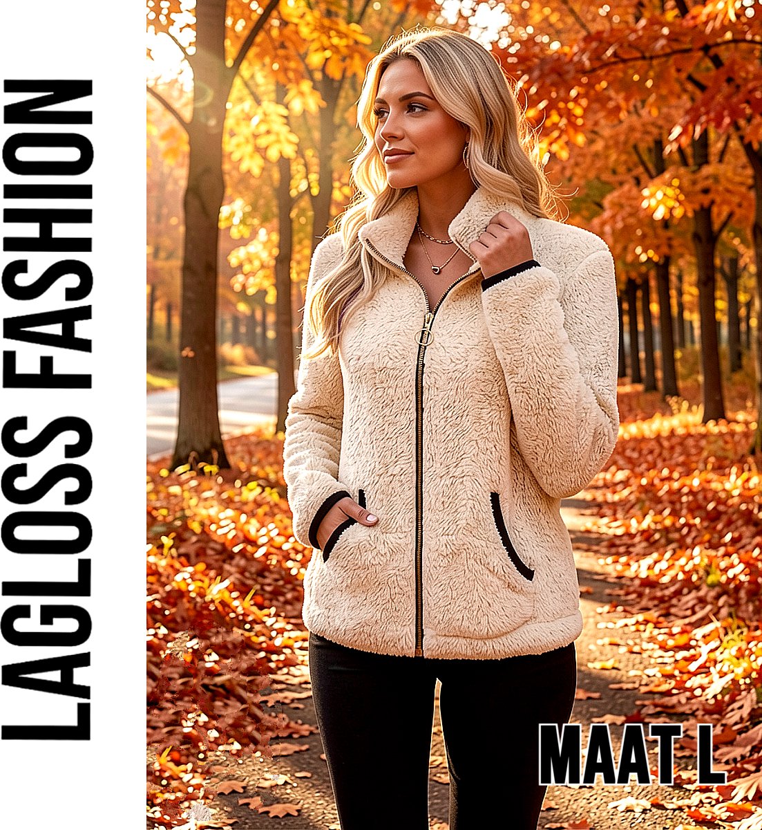 LaGloss ® Dames Jas Beige – Warme Pluche Jas met Rits en Zakken – Casual Herfstjas met Lange Mouwen - Maat L