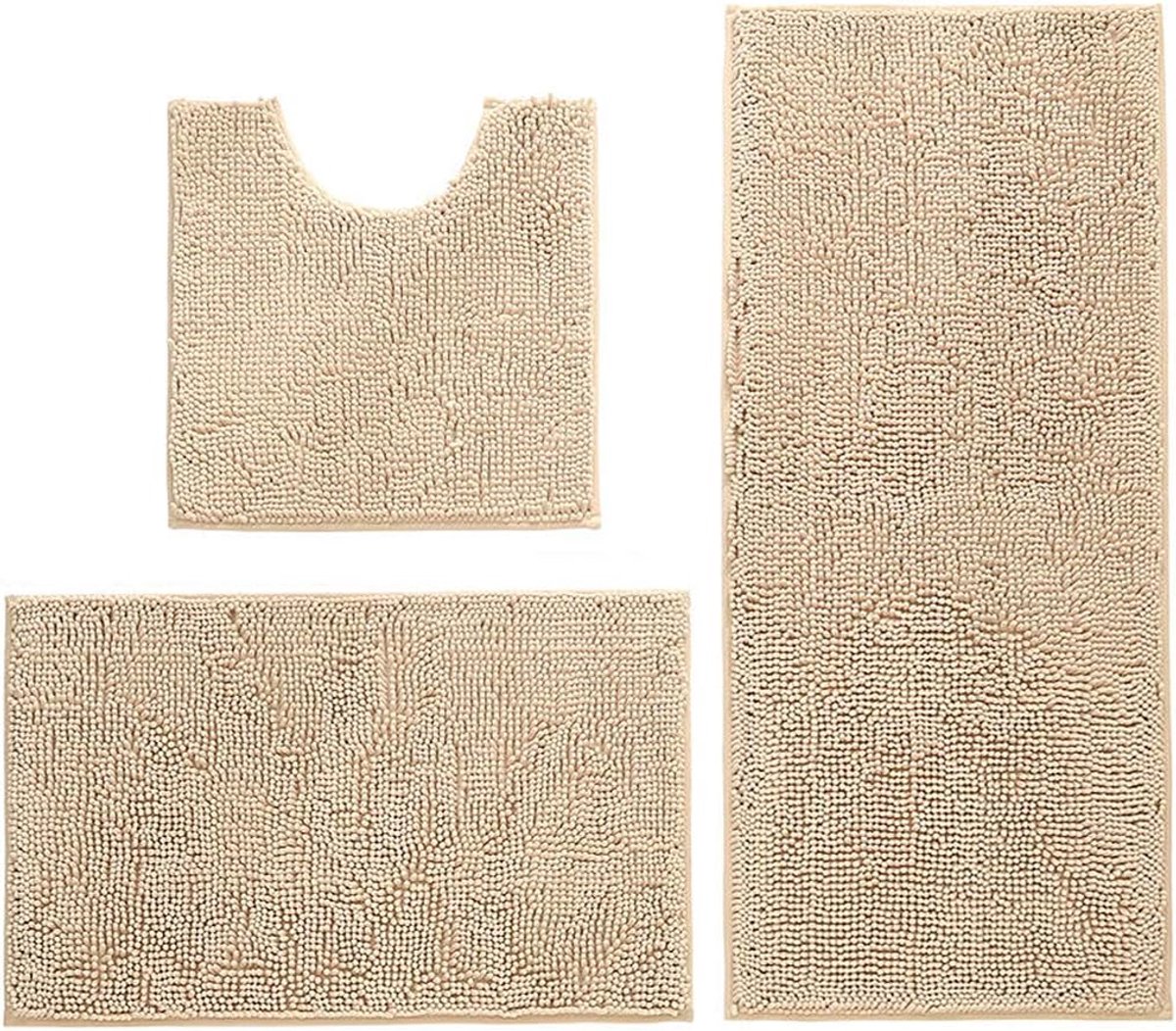SnelShoppen - Set van 3 Antislip Badmatten Hoog Waterabsorberend Microfiber Toiletmatten Machinewasbaar 50x50cm / 40x60cm / 50x80cm (Camel)