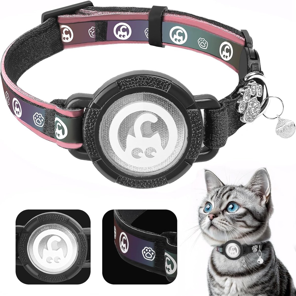 SnelShoppen - ONEONTA Kattenhalsband met AirTag, Reflecterende Breakaway Cat Collar met AirTag Cover en Bel, Verstelbaar en Duurzaam, Roze, Maat S