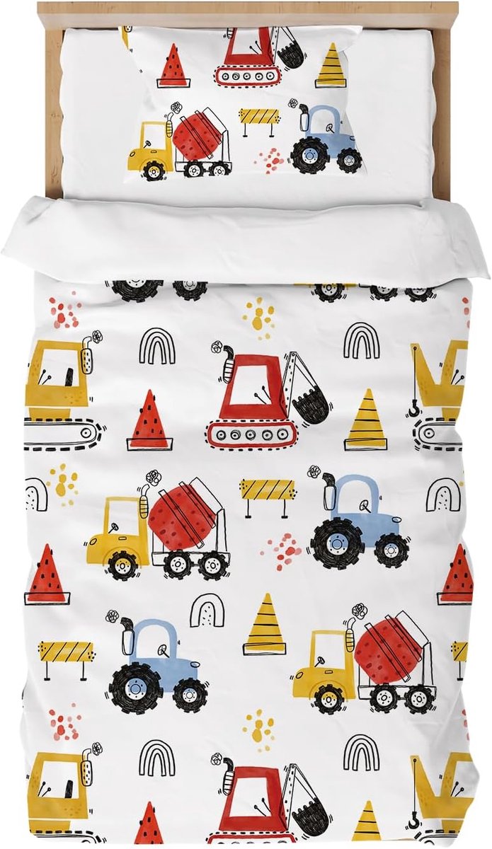 SnelShoppen - Kinder Dekbedovertrek 120 x 150 cm, Multicolor Microvezel Bedlinnen met Vrachtwagens en Tractors, 1 Dekbedovertrek met Rits + 1 Kussensl