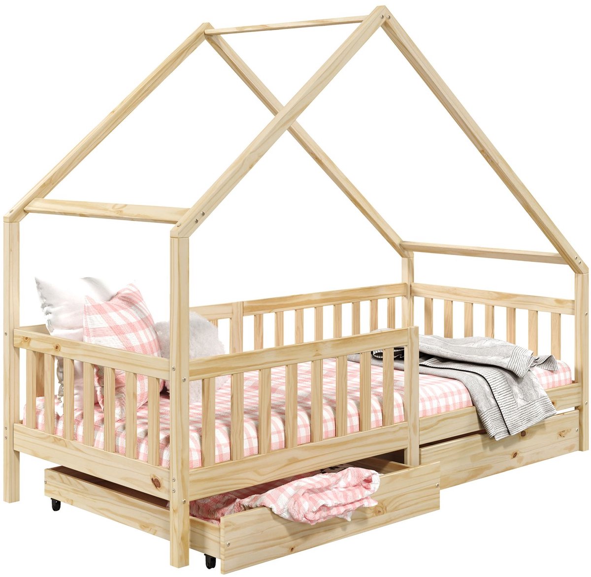 ALVA-bed in huisvorm, 90 x 190 cm, van massief hout met lades - naturel