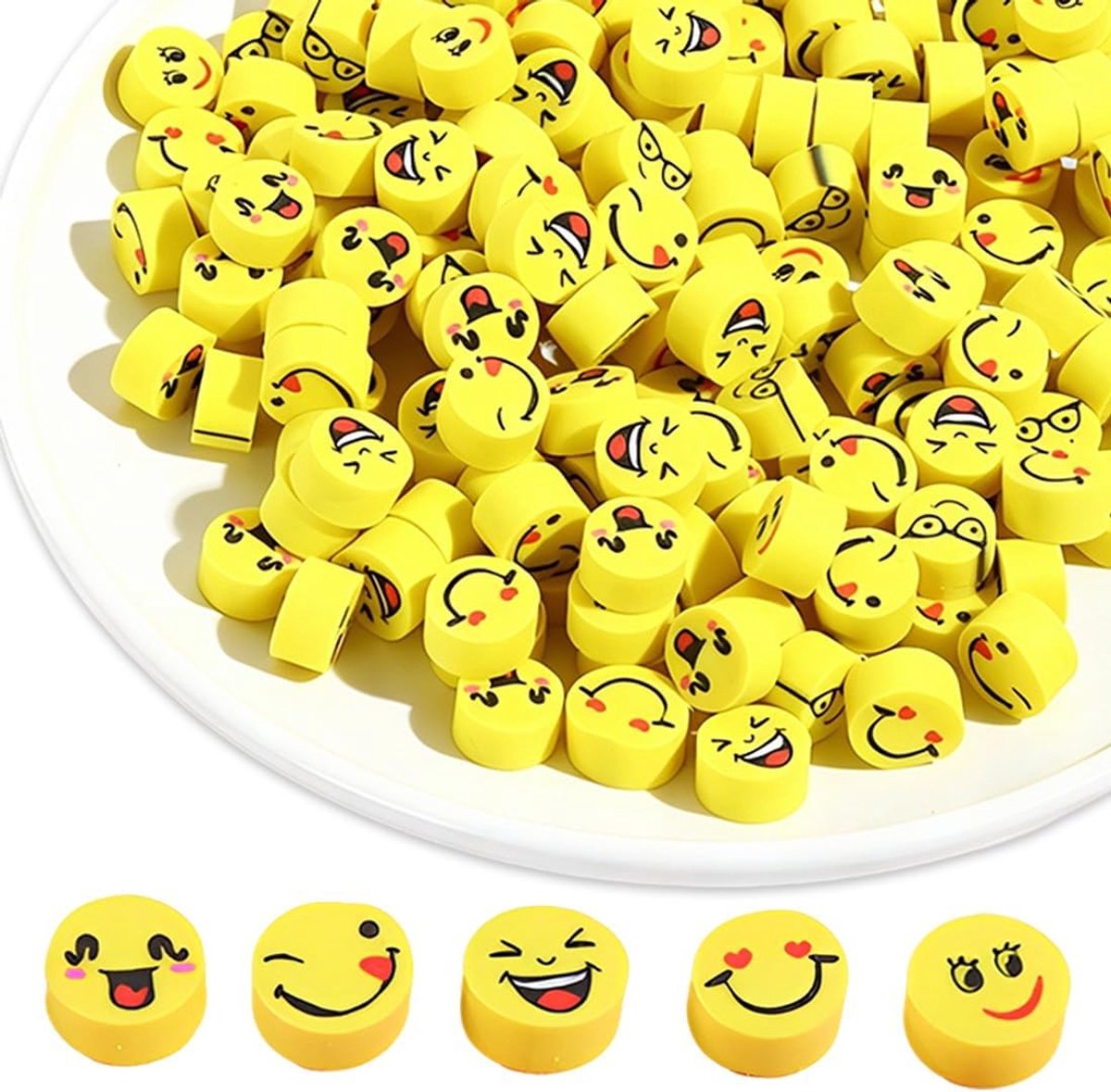SnelShoppen - Emoji 100 Stuks Gele Mini Gum voor Kinderen, Studenten, Verjaardagscadeaus, Smiley Gezicht Vorm, Hoogwaardige TPR, Schoon Schrijven, Fee