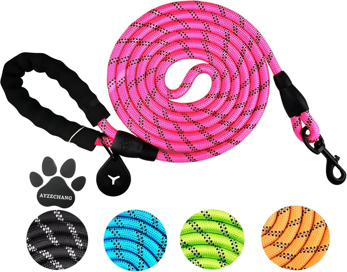 SnelShoppen - Sterke Hondenlijn 3m/2m voor Middelgrote en Grote Honden, Comfortabel Gevoerd Handvat, Hoog Reflecterende Hondenriem (Roze, 3m x 12mm)