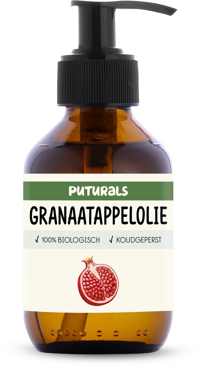 Puturals Granaatappelolie 100% Biologisch - 150ml - Koudgeperst en Puur - Granaatappelolie voor Huid, Haar, Gezicht en Lichaam - Rijk aan Antioxidanten - Bruine Glazen Fles + Pomp
