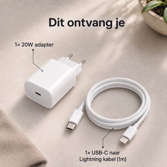 Witte 20W adapter en een witte 1 meter USB-C naar Lightning kabel.