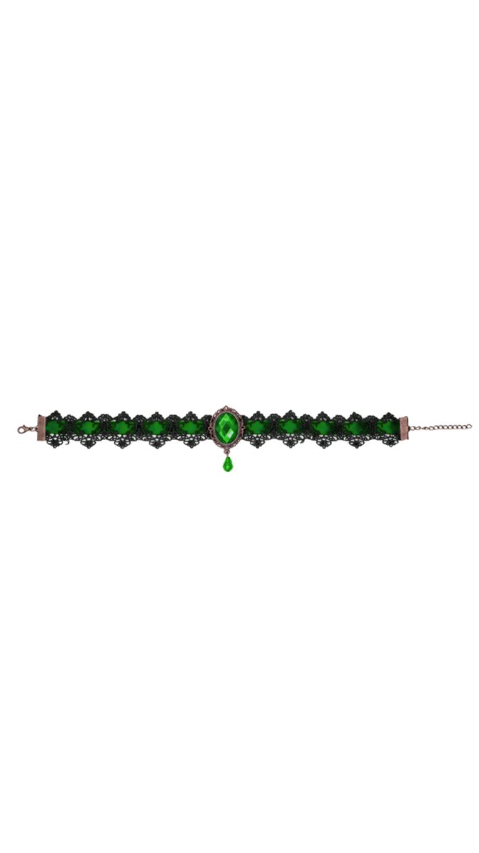 KIMU® Choker Zwart Kant Groene Steen - Kanten Zwarte Collar Ketting Vintage Lace Great Gatsby Roaring Twenties Blinders Charleston Brocante Jugendstil Art Deco Victoriaans Steampunk Sexy Antieke Festival