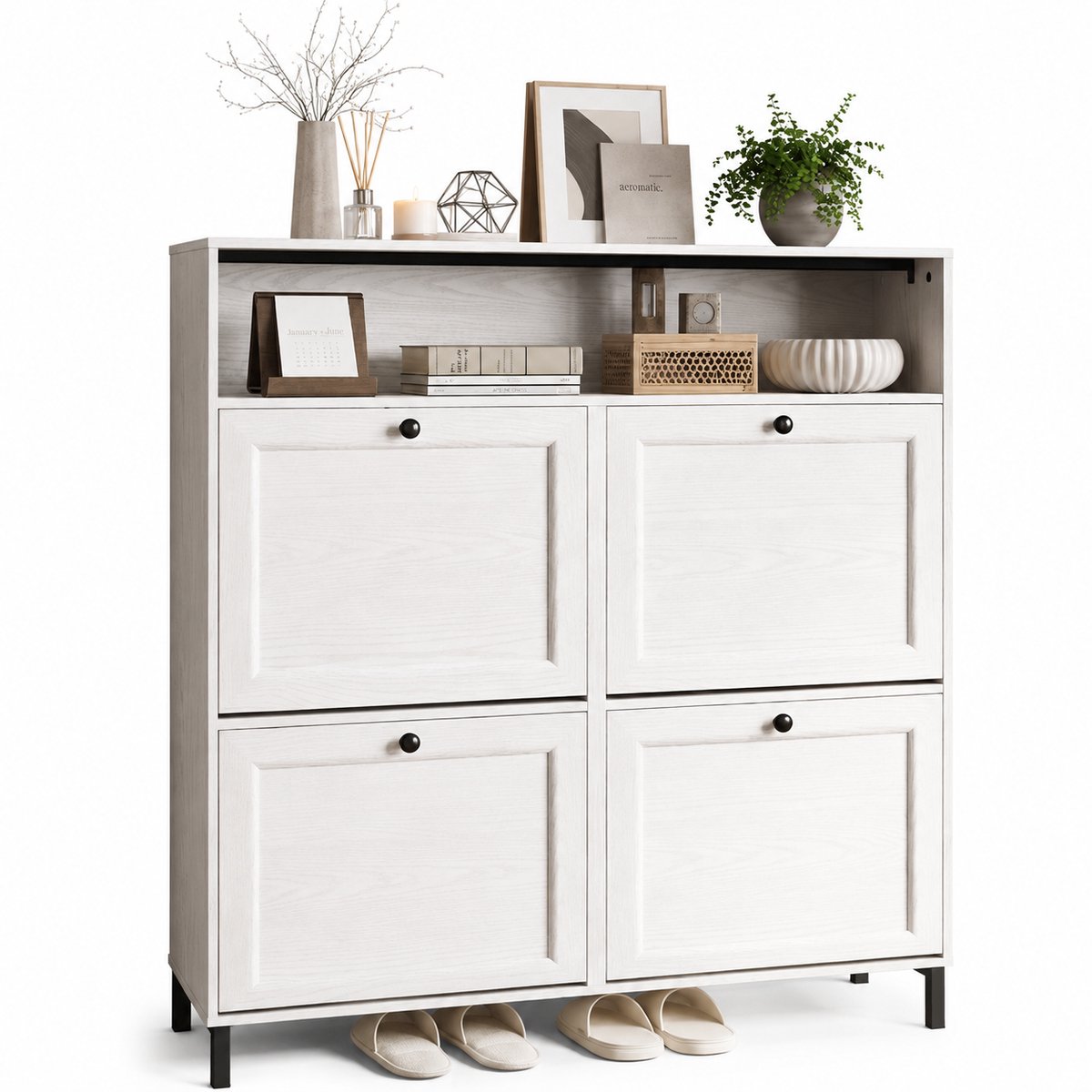 Home & Beyond® Smalle Schoenenkast met 4 Kantelvakken en Open Vak - Schoenenrek voor de Hal - Wit - 100 x 24 x 108 cm