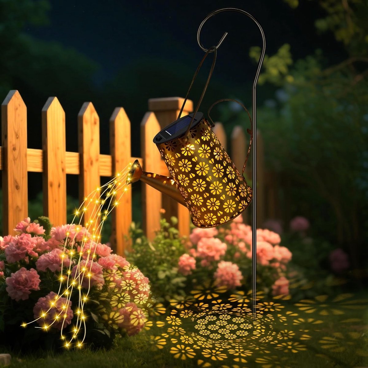 SnelShoppen - Tuin Decoratie Buiten Zonne Shower Licht, Energiezuinige Retro Metaal Hanglampen met Warm Witte LED Waterval Kettingverlichting voor Tui