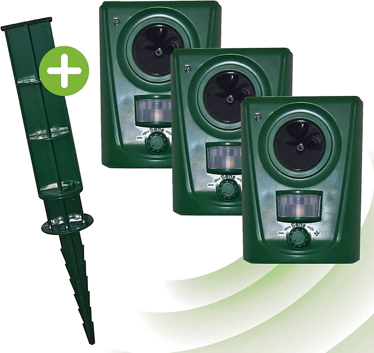 dierverjager voor het afweren van wilde dieren, vogels, honden, katten en marters – Werkt op batterijen inclusief grondpen voor in de tuin – Effectief bereik van 60 m² (3 stuks)