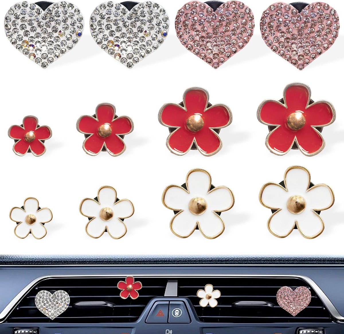SnelShoppen - 12-delige Auto Luchtverfrisser Clip Set - Hartvormige en Bloemvormige Vent Clips voor Auto Accessoires - Kunststof met Kunstmatige Rhine