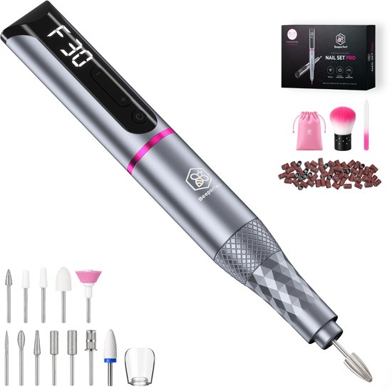 Beeperfect® Draadloze Elektrische Nagelvijl Pro Edition - Nagelfrees - Manicure en Pedicure set - Oplaadbaar - 12 Bitjes en 60 Schuurrolletjes - 30.000RPM