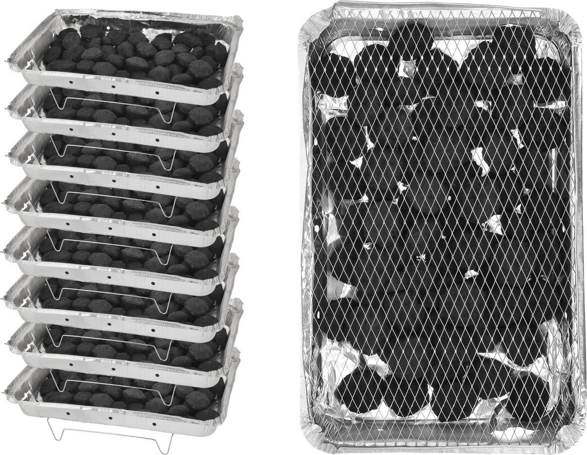 Wegwerp Barbecue met Houtskool – 8 Stuks – Grote Wegwerp BBQ 48 x 30,2 cm – 1,45 kg Houtskool per Stuk – Instant BBQ voor 16-20 Personen – Camping en Picknick – Inclusief Rooster en Onderstel