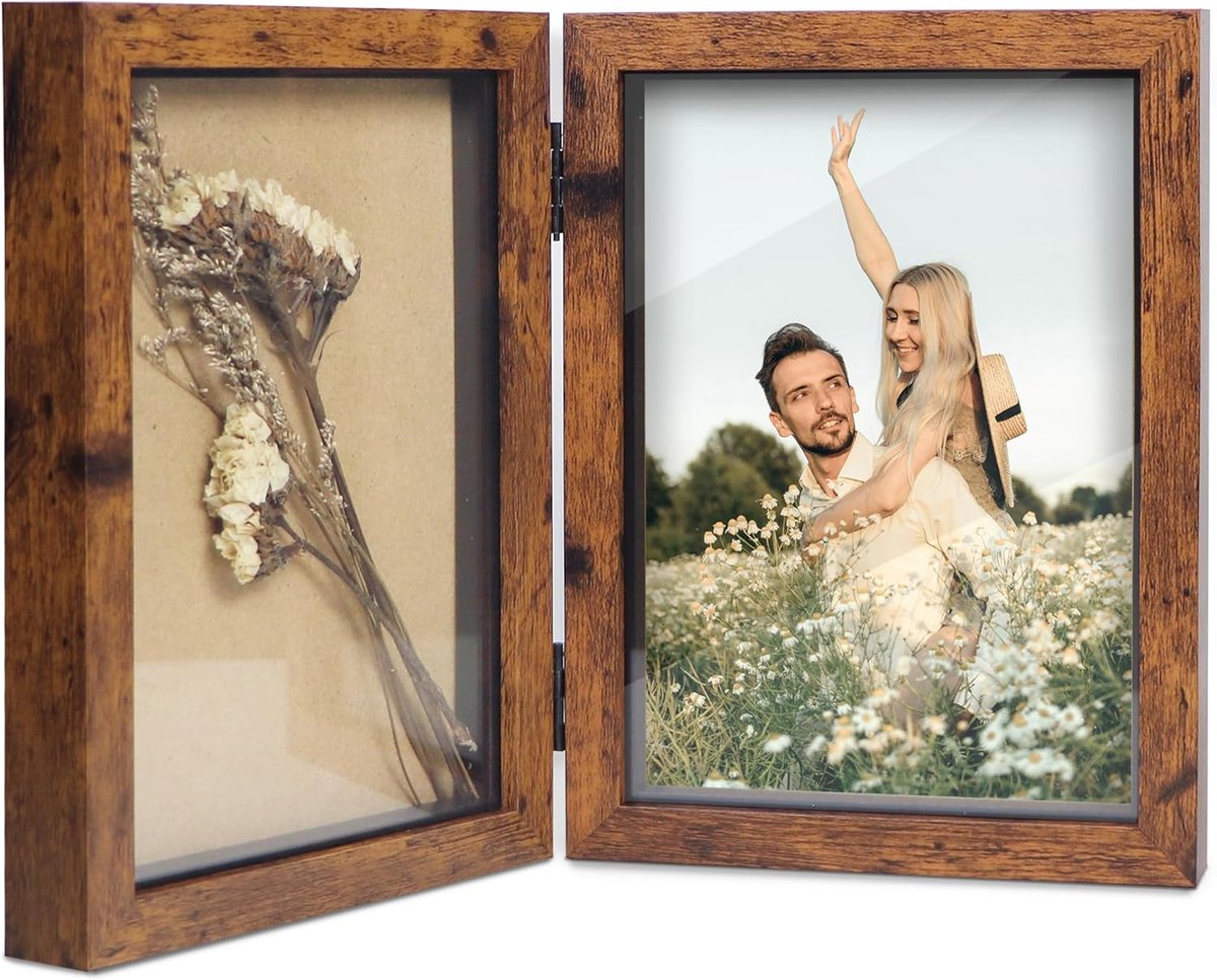 Thijox - Opvouwbare Fotolijst 13x18 cm Bruin Collage Dubbele Fotolijst Shadow Box voor Familie, Vrienden, Bruiloft, Cadeau, Home Decor