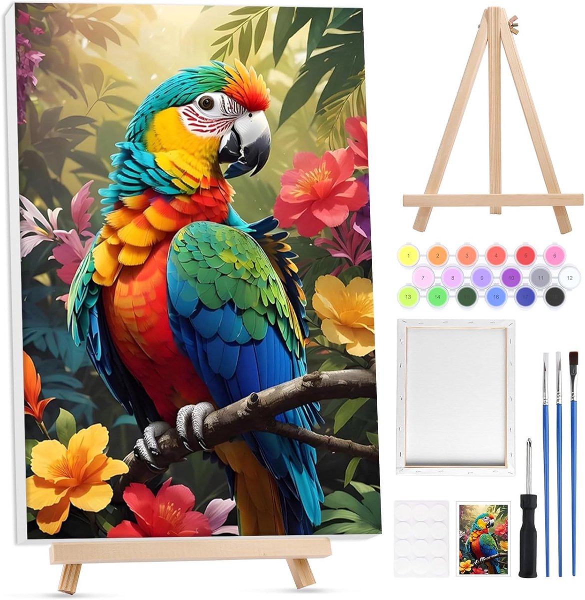 SnelShoppen - Schilderen op Nummer - Papegaai voor Volwassenen - DIY Set met Houten Lijst, Easel, Borstels en Acrylverf - Handgeschilderd Dierenschild