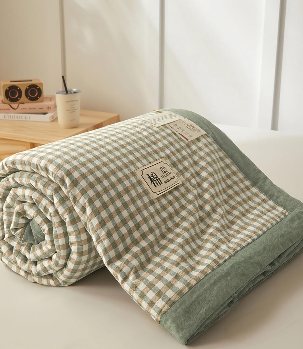SnelShoppen - Quilted Bedspread 200x230 cm (Tweepersoonsbed), Katoenen Dekbed met Microvezel Vulling, Groene Geruite Bedsprei voor Zomer zonder Dekbed