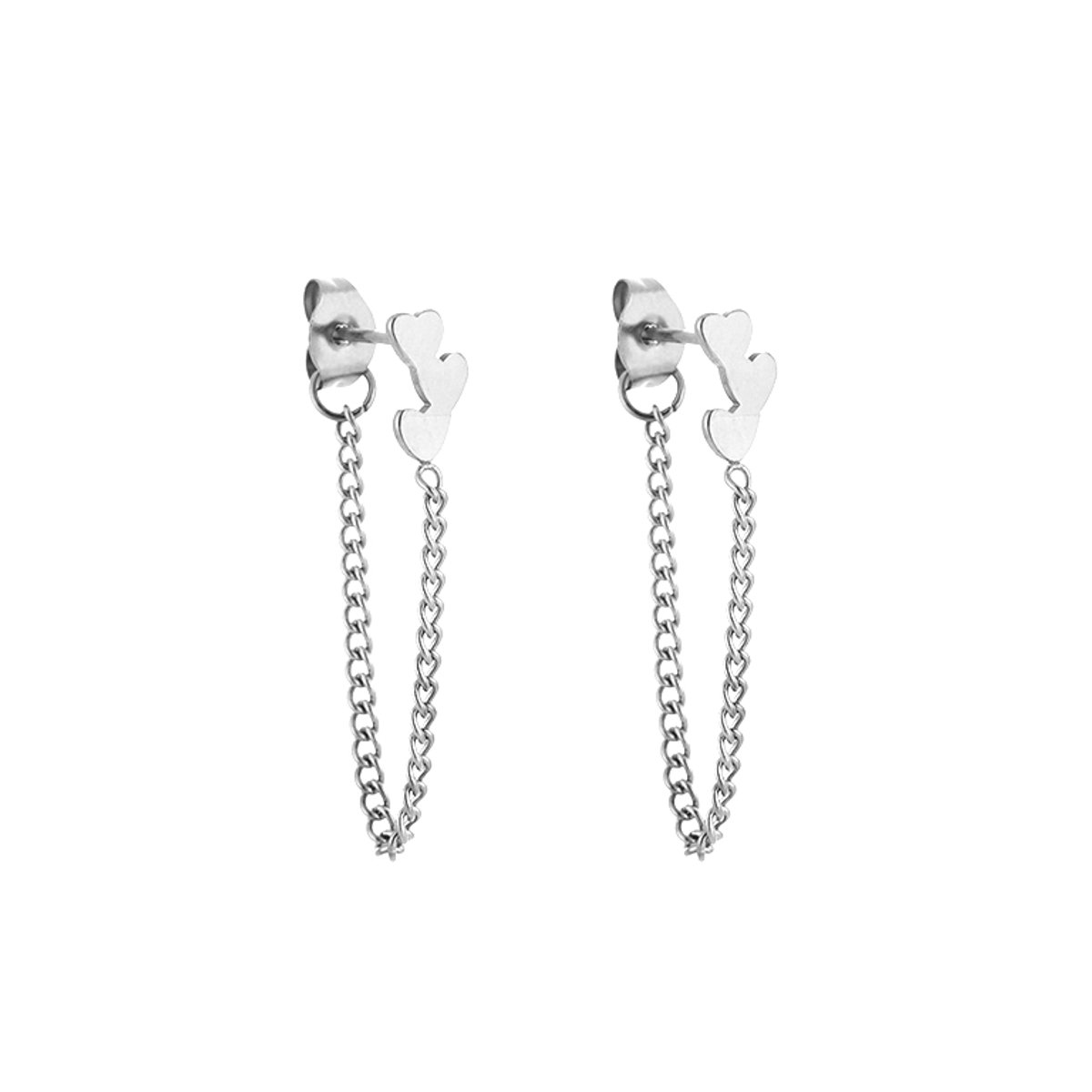 Stainless Steel Oorsteker met Ketting – Minimalistische & Trendy Doortrekoorbellen - RVS - Zilver