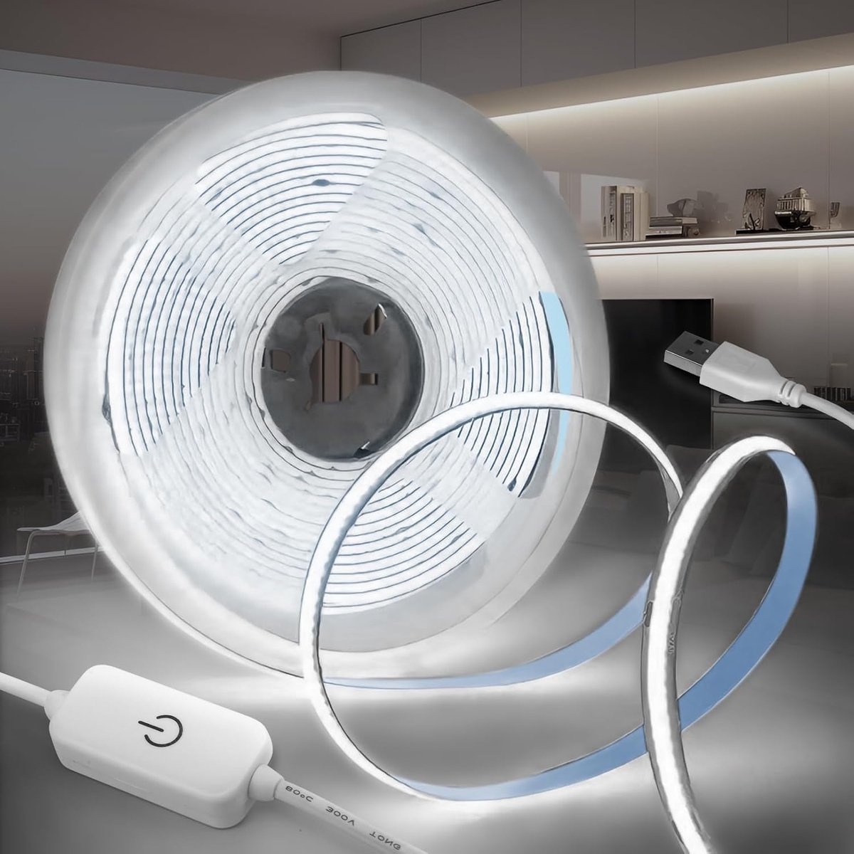 SnelShoppen - 2M Dimbare USB COB LED Strip Licht 6000K - Flexibele Zelfklevende Tape Verlichting voor Keuken, Slaapkamer, Woonkamer - CRI90+ TV Achter