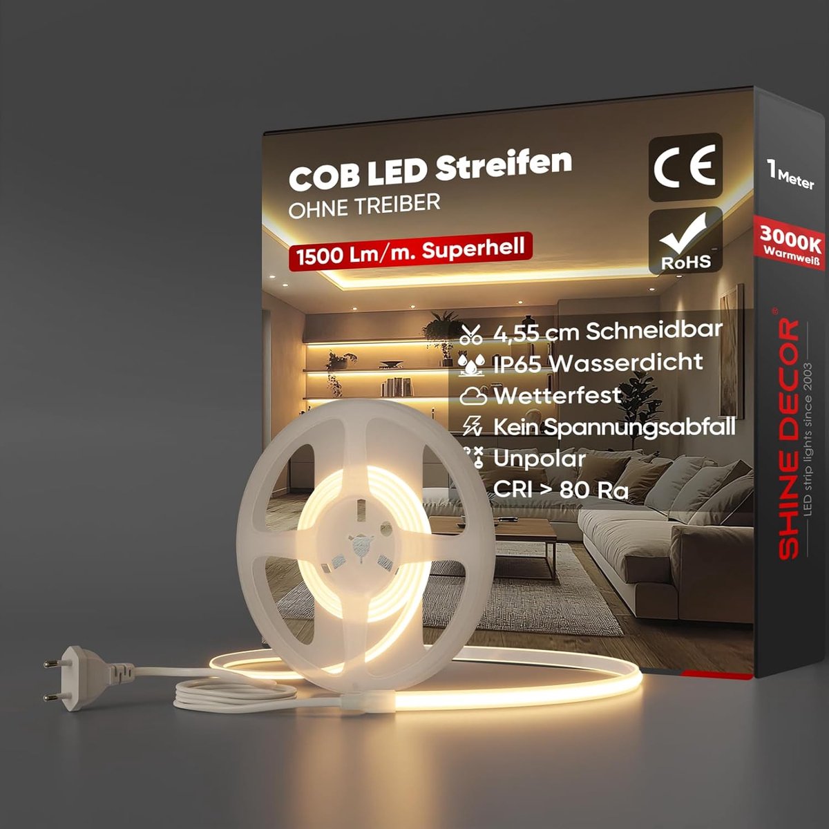 SnelShoppen - LED Strip 1 m Warm Wit IP65 Waterproof SMD2025 286 LEDs/m Hooghelder Keuken Tuin Verlichting 220V CE Gecertificeerd