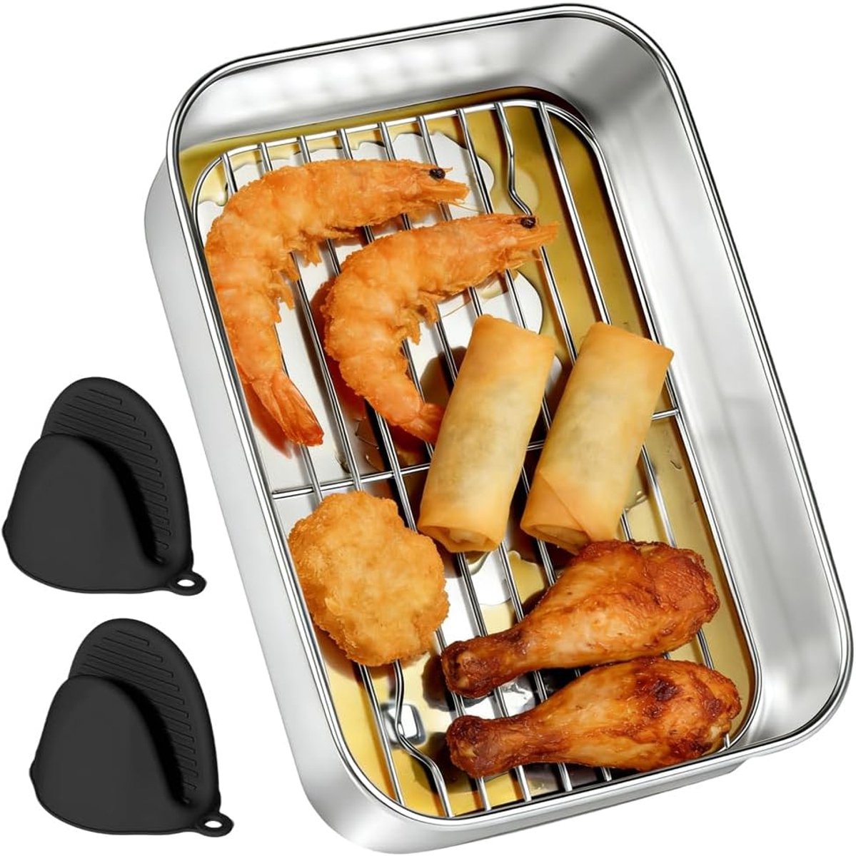 SnelShoppen RVS Bakvorm voor Airfryer met Rooster Deksel en Hittebestendige Handvatten Robuuste Grote Bakvorm Voor Ninja & Cosori Airfryer Keuk