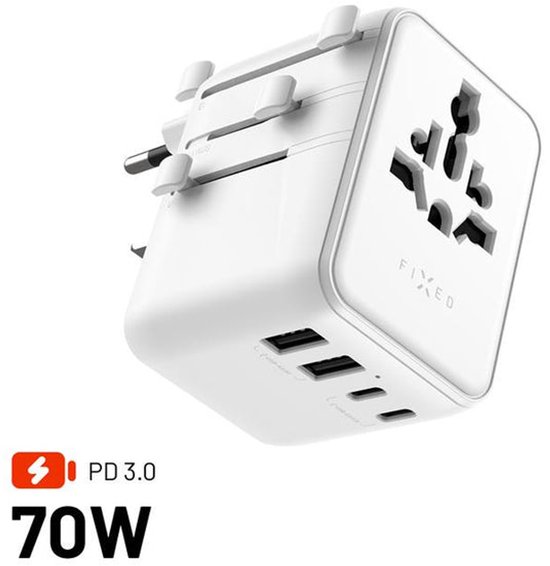 Witte FIXED reisadapter met 70W PD 3.0, 3x USB-C en 2x USB-A poorten. Ingeschoven stekkers aan de zijkant.