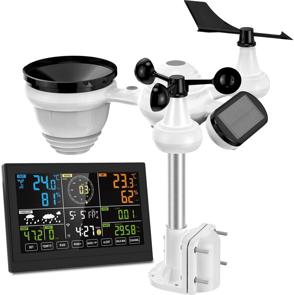 SnelShoppen - Draadloos Weerstation met Wifi, 7.5 Inch Kleurendisplay, Binnen en Buiten Weermonitor, Temperatuur, Luchtvochtigheid, Luchtdruk, Windsne