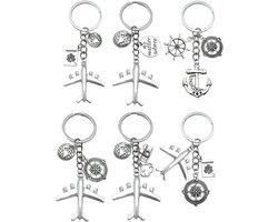 Thijox - 6 stuks Vliegtuig Aarde Sleutelhanger, Bootanker Metalen Sleutelhanger, Wereldreiziger Sleutelhanger, Zilverkleurig, Perfect Cadeau voor Fami