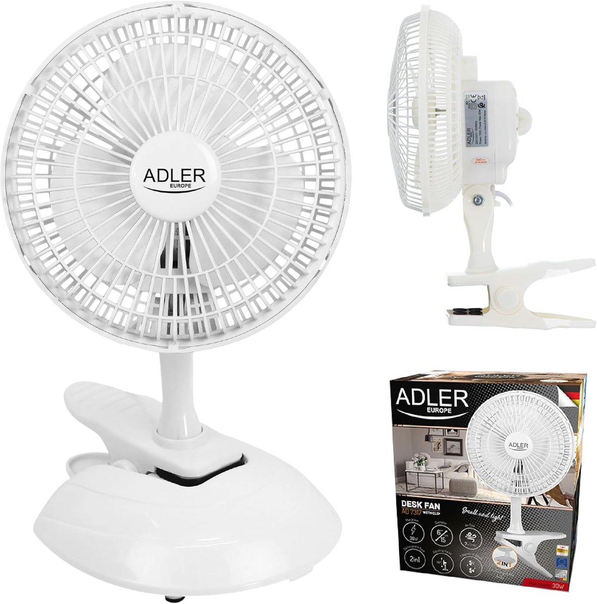 SnelShoppen - Mini Tafelventilator met Clip en Basis - 15 cm Draagbare Ventilator - 2 Snelheden - Oscillerend - Wit - Voor Thuis, Camping, Keuken, Kin