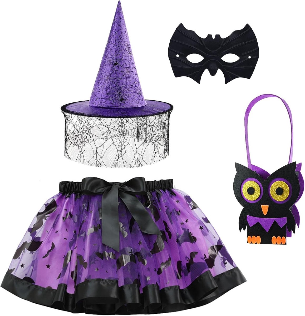 SnelShoppen - Heksenkostuum voor meisjes met heksenhoed, uilhandtas, vleermuismasker, tutu, rok - Halloween-kostuum voor kinderen 3-12 jaar - Perfect