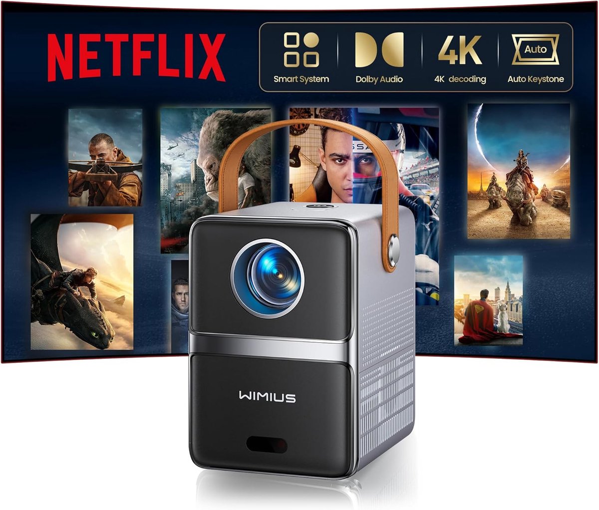 SnelShoppen - Mini-beamer 4K met Dolby Audio, Smart Projector, Compact, WiFi6, 2-weg Bluetooth, Full HD 1080P, Elektrische Focus, Auto, Verticale Trap
