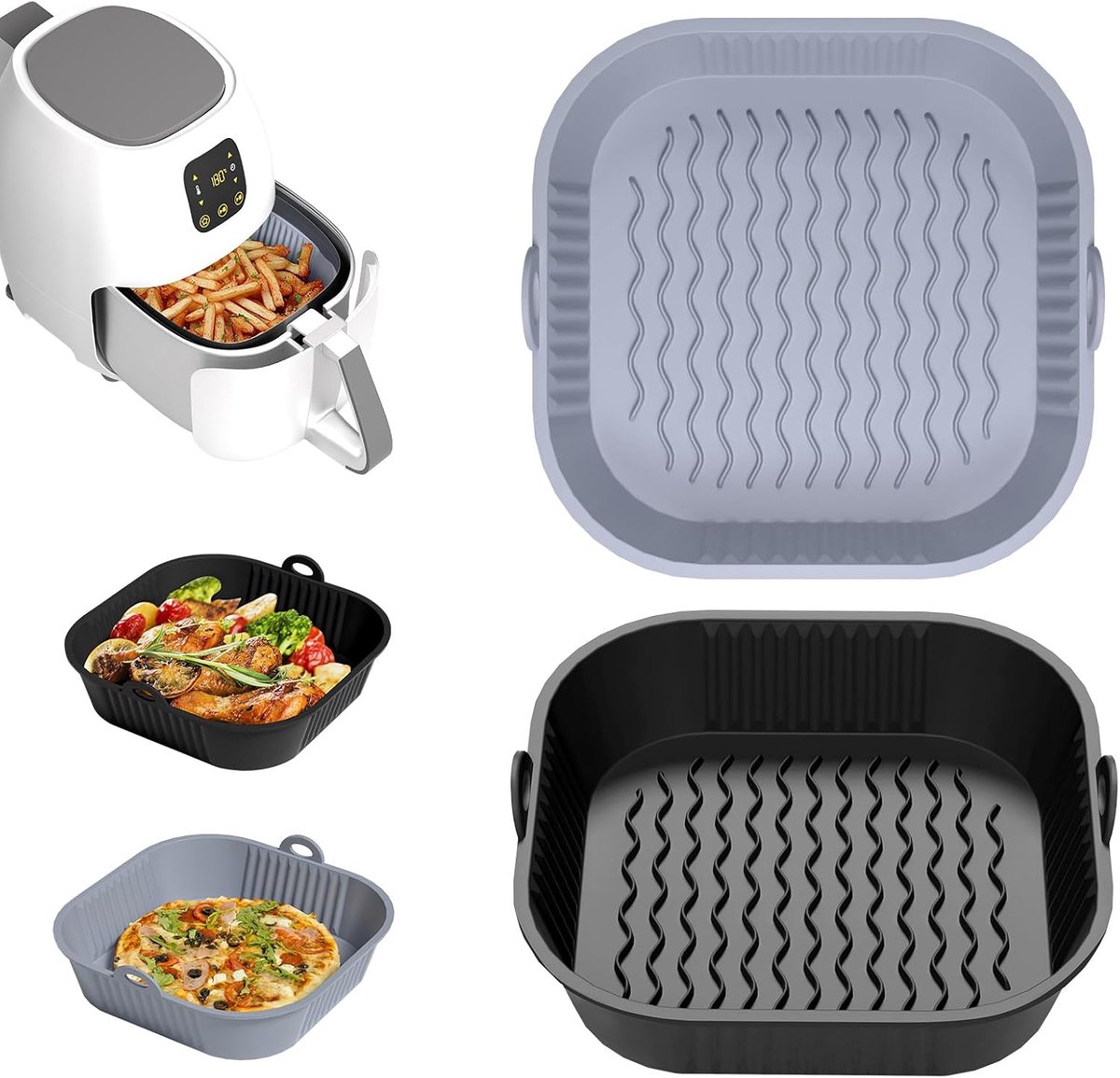 SnelShoppen Siliconen Bakvorm Air Fryer Accessoires 5-8L 2 Stuks 21 cm Platte Siliconen Mand voor Heteluchtfriteuse Magnetron en Oven (Grijs en Zw